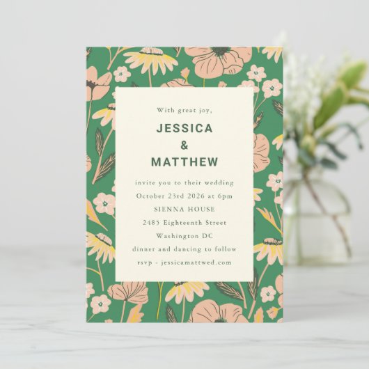 Modern Green Pink Summer Garden Floral Wedding Kaart (Staand voorkant)