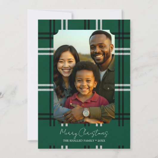 Modern Green Plaid Family Photo Holiday Greeting Kaart (Voorkant)