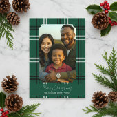 Modern Green Plaid Family Photo Holiday Greeting Kaart