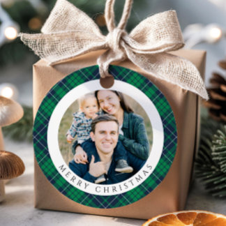 Modern Green Plaid Photo Christmas Bedankjes Labels