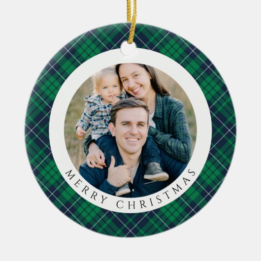 Modern Green Plaid Photo Christmas Keramisch Ornament (Voorkant)