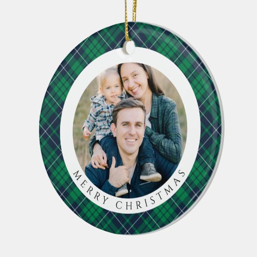 Modern Green Plaid Photo Christmas Keramisch Ornament (Links)