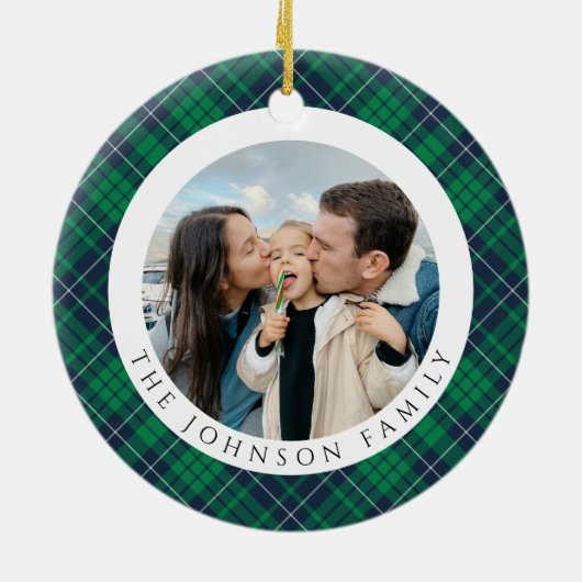 Modern Green Plaid Photo Christmas Keramisch Ornament (Achterkant)