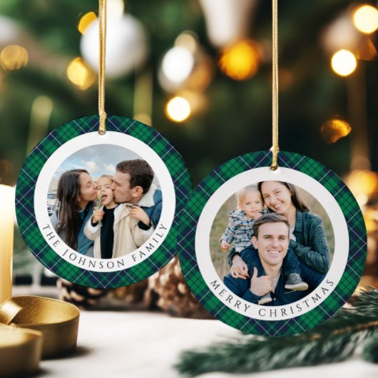 Modern Green Plaid Photo Christmas Keramisch Ornament