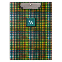 Modern Green Plaid Tartan Naam Initiaal Monogram Klembord