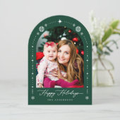 Modern Green Red Arch Foto Kerstvakantie Kaart (Staand voorkant)