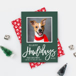 Modern Green Red Happy Howlidays Puppy Dog Photo Feestdagenkaart<br><div class="desc">Show off your furry familiy member with these modern "Happy Howlidays" Christmas cards that feature your new puppy dog,  custom "Peace,  Love & Treats" wording,  and paw print design accents. Hunter green,  poppy red,  and white color scheme.</div>