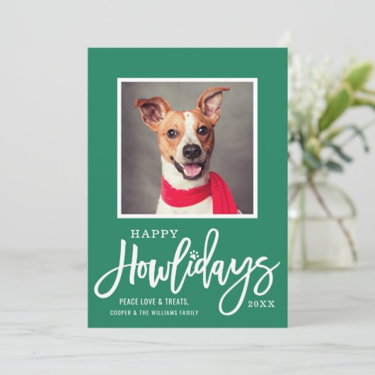 Modern Green Red Happy Howlidays Puppy Dog Photo Feestdagenkaart (Staand voorkant)