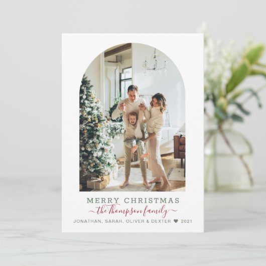 Modern Green Red Merry kerstboomfoto Holida Feestdagenkaart (Staand voorkant)