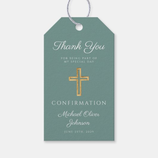 Modern Green Religious Cross Boy Confirmation Cadeaulabel (Voorkant)