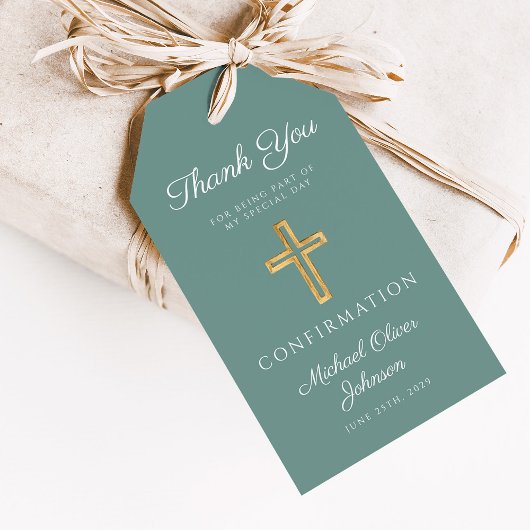 Modern Green Religious Cross Boy Confirmation Cadeaulabel