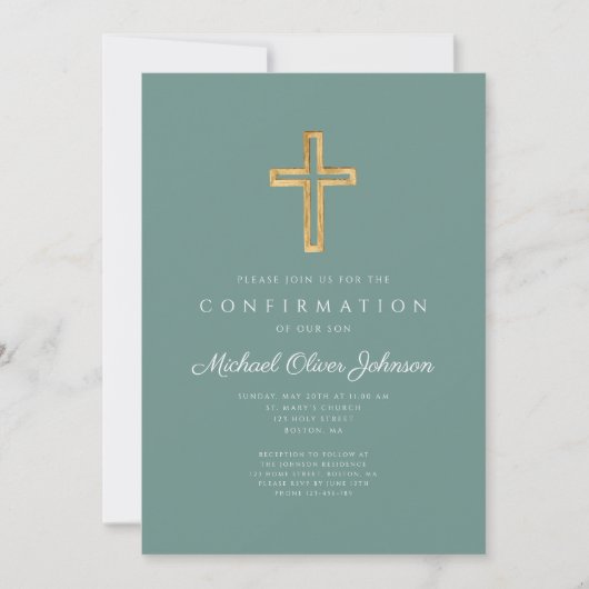 Modern Green Religious Cross Boy Confirmation Kaart (Voorkant)