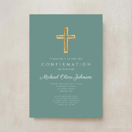 Modern Green Religious Cross Boy Confirmation Kaart