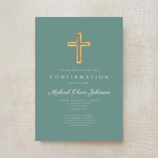 Modern Green Religious Cross Boy Confirmation Kaart