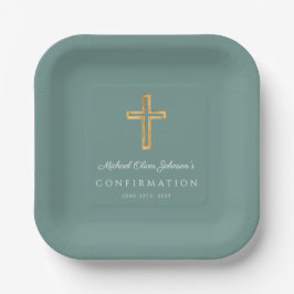 Modern Green Religious Cross Boy Confirmation Papieren Bordje