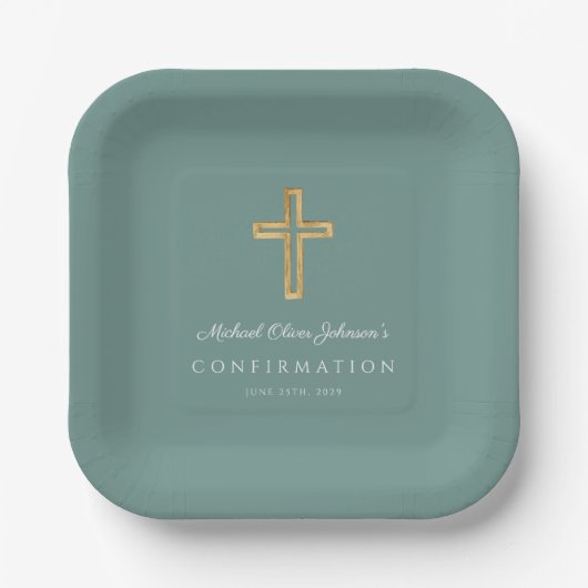 Modern Green Religious Cross Boy Confirmation Papieren Bordje (Voorkant)