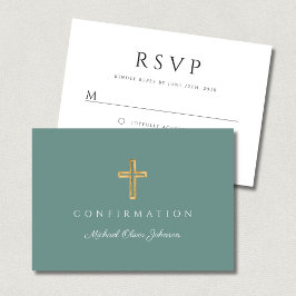 Modern Green Religious Cross Boy Confirmation RSVP Kaartje