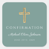 Modern Green Religious Cross Boy Confirmation Vierkante Sticker (Voorkant)