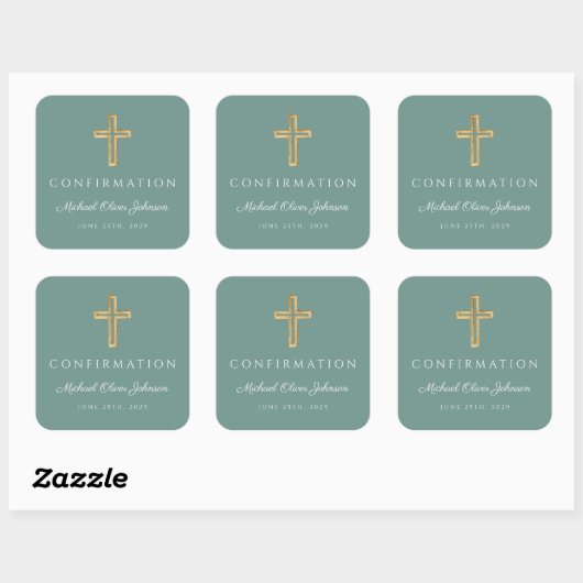 Modern Green Religious Cross Boy Confirmation Vierkante Sticker (Vel)