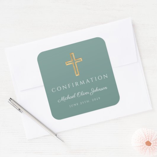 Modern Green Religious Cross Boy Confirmation Vierkante Sticker (Envelop)