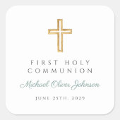 Modern Green Religious Cross Boy First Communion Vierkante Sticker (Voorkant)