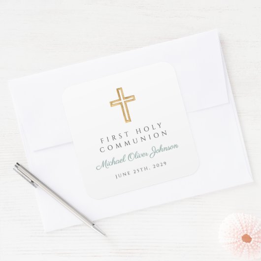 Modern Green Religious Cross Boy First Communion Vierkante Sticker (Envelop)
