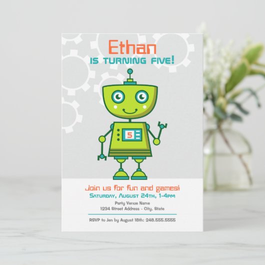 Modern Green Robot Boys Birthday Party Kaart (Staand voorkant)