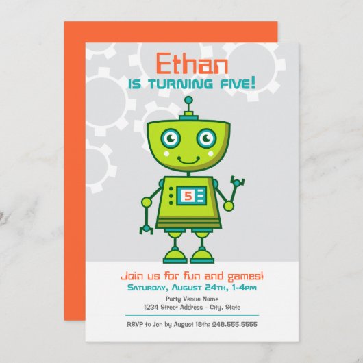 Modern Green Robot Boys Birthday Party Kaart (Voorkant / Achterkant)