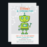 Modern Green Robot Boys Birthday Party Kaart<br><div class="desc">Uitnodigingen voor groene robots om te verjaarden. De kleuren zijn groen,  oranje,  blauw en grijs.</div>