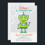 Modern Green Robot Boys Birthday Party Kaart<br><div class="desc">Uitnodigingen voor groene robots om te verjaarden. De kleuren zijn groen,  oranje,  blauw en grijs.</div>