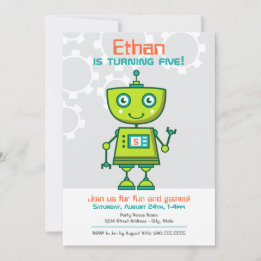 Modern Green Robot Boys Birthday Party Kaart