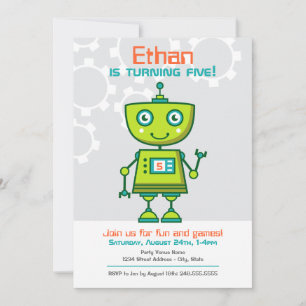 Modern Green Robot Boys Birthday Party Kaart