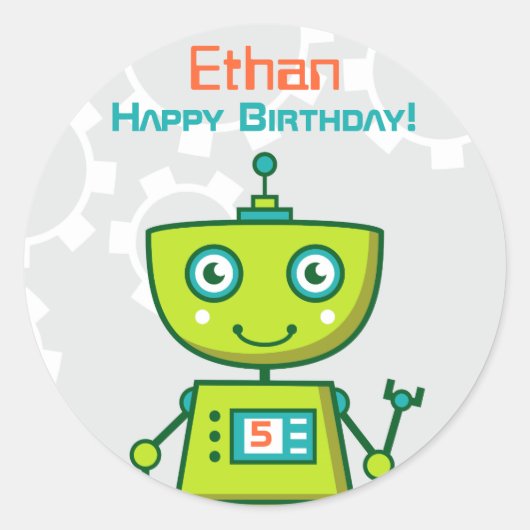 Modern Green Robot Boys Birthday Party Ronde Sticker (Voorkant)