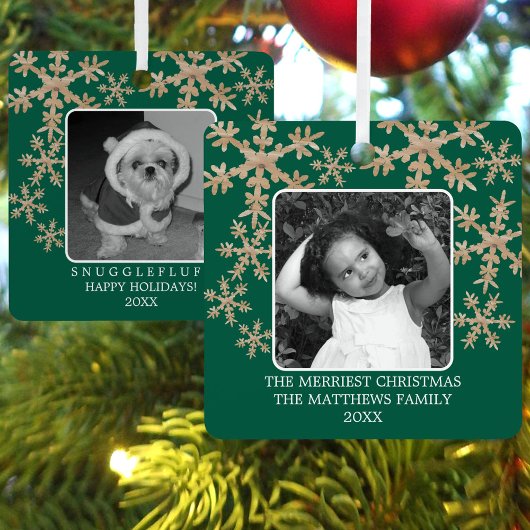 Modern Green Rustic Snowflake 2 Foto Schattigee Va Metalen Ornament