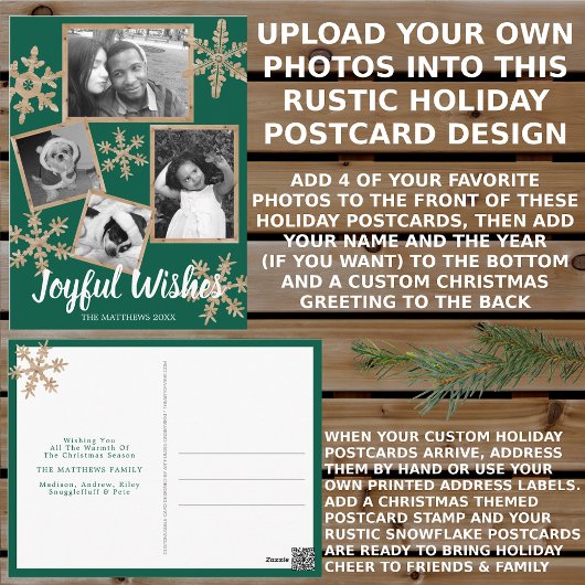 Modern Green Rustic Snowflake 4 FotoKerstmis Briefkaart