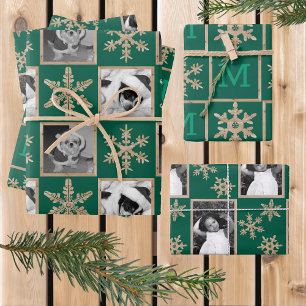 Modern Green Rustic Snowflake Monogram Foto Inpakpapier Vel