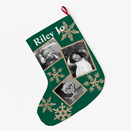 Modern Green Rustic Snowflake Optionele naam Grote Kerstsok (Achterkant (Hangend))