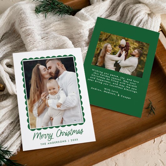 Modern Green Scalloped Lijst 2 Foto Feestdagenkaart