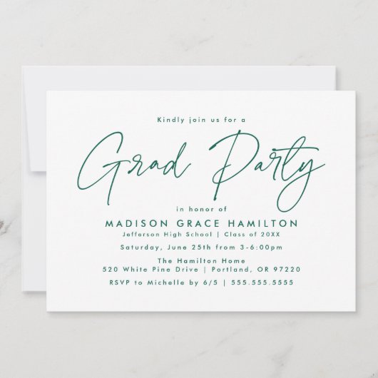 Modern Green Script Graduation Party Kaart (Voorkant)