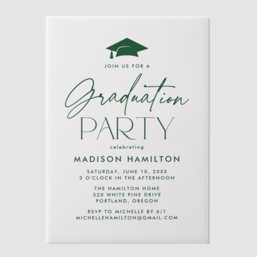 Modern Green Script Graduation Party Vellum Uitnodigingen (Voorkant)