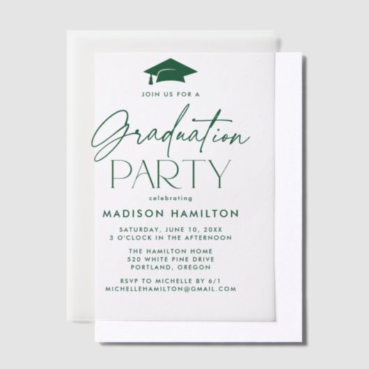 Modern Green Script Graduation Party Vellum Uitnodigingen (Offset)