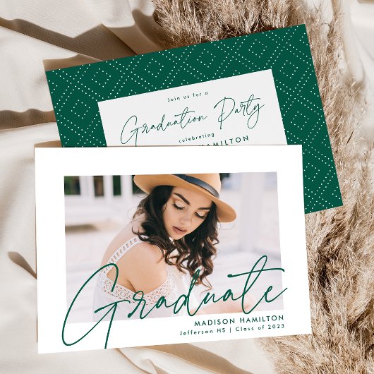 Modern Green Script Photo Graduation Party Kaart