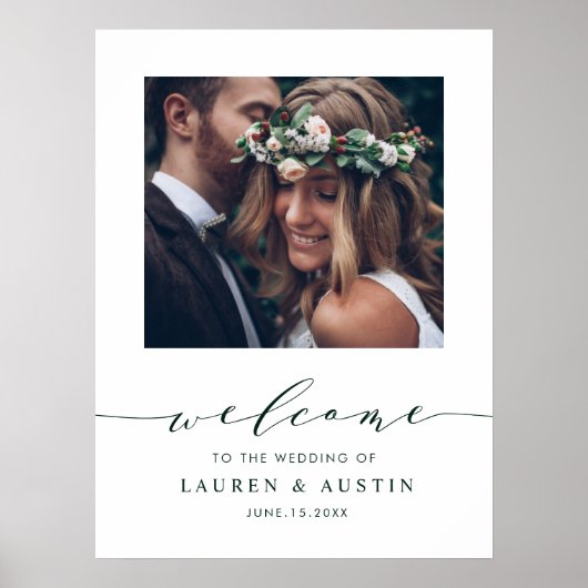 Modern Green Script Photo Weddenschap Welkomstteke Poster (Voorkant)