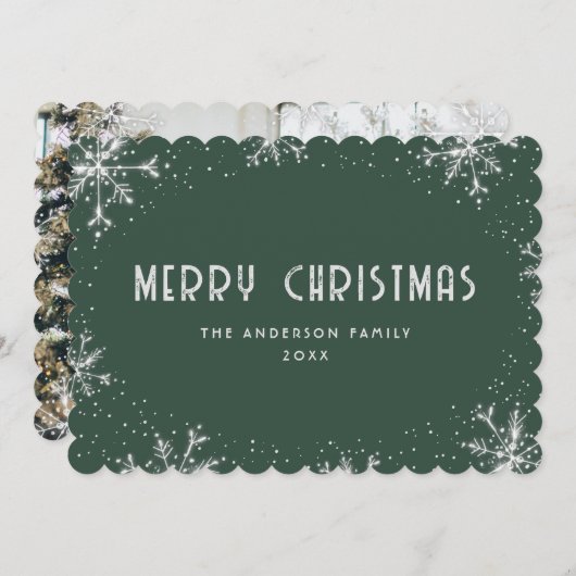 Modern Green Silver Snowflake Photo Christmas Card Feestdagenkaart (Voorkant / Achterkant)