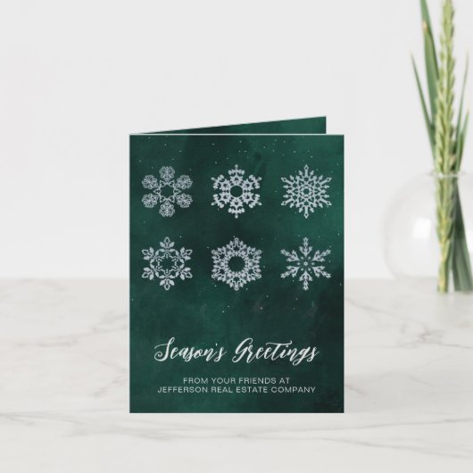Modern Green Silver Snowflakes Business Feestdagen Kaart (Voorkant)