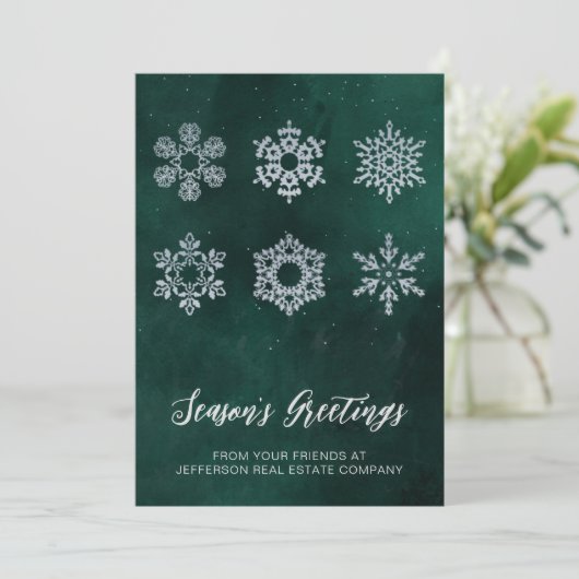 Modern Green Silver Snowflakes Business Feestdagenkaart (Staand voorkant)