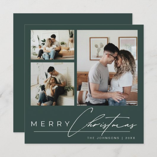 Modern Green Simple Script Photo Collage Christmas Feestdagenkaart (Voorkant / Achterkant)