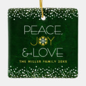 Modern Green Snowflake Peace Joy Love Custom Name Keramisch Ornament (Voorkant)
