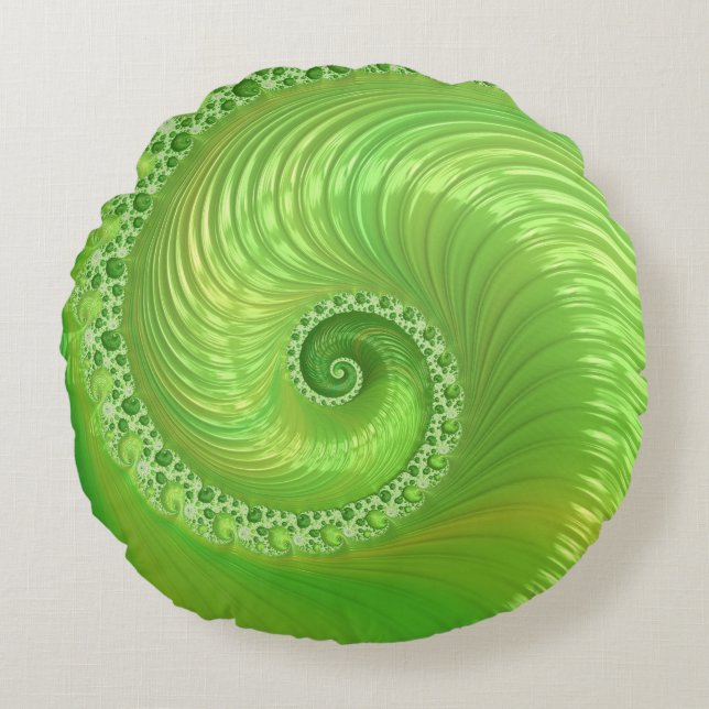 Modern Green Spiral Fractal Rond Kussen (Voorkant)