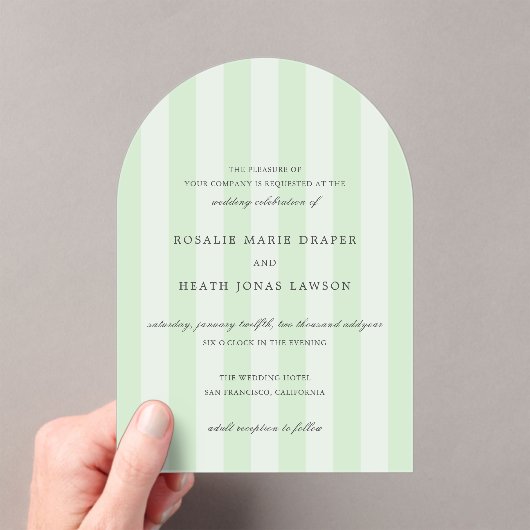 Modern Green Stripes Elegant Wedding Acryl Uitnodigingen (Insitu (Draagbaar))